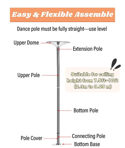 OREKPOT Spinning Pole Portable Removable Dance Pole for Kids - 40mm Portable Spinning Static Dancing Pole with Extension Pole for Home Apartment Club Exercise, Removabl，Silver 7.5FT 10FT/2.3M 3.05M