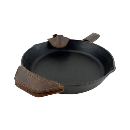 Hide & Drink, Set of 3 Rustic Hot Handle Holders, Panhandle, Side Kick & Grip Mitt, Assist Grip for Cast Iron Skillets & Pans, Full Grain Leather, Handmade, Bourbon Brown