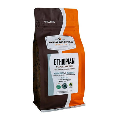 Fresh Roasted Coffee, Organic Ethiopian Yirgacheffe Whole Bean Coffee, Light Roast, USDA Organic, 3rd Party Tested for Mold, Mycotoxin & Pesticides, Kosher, 12 oz