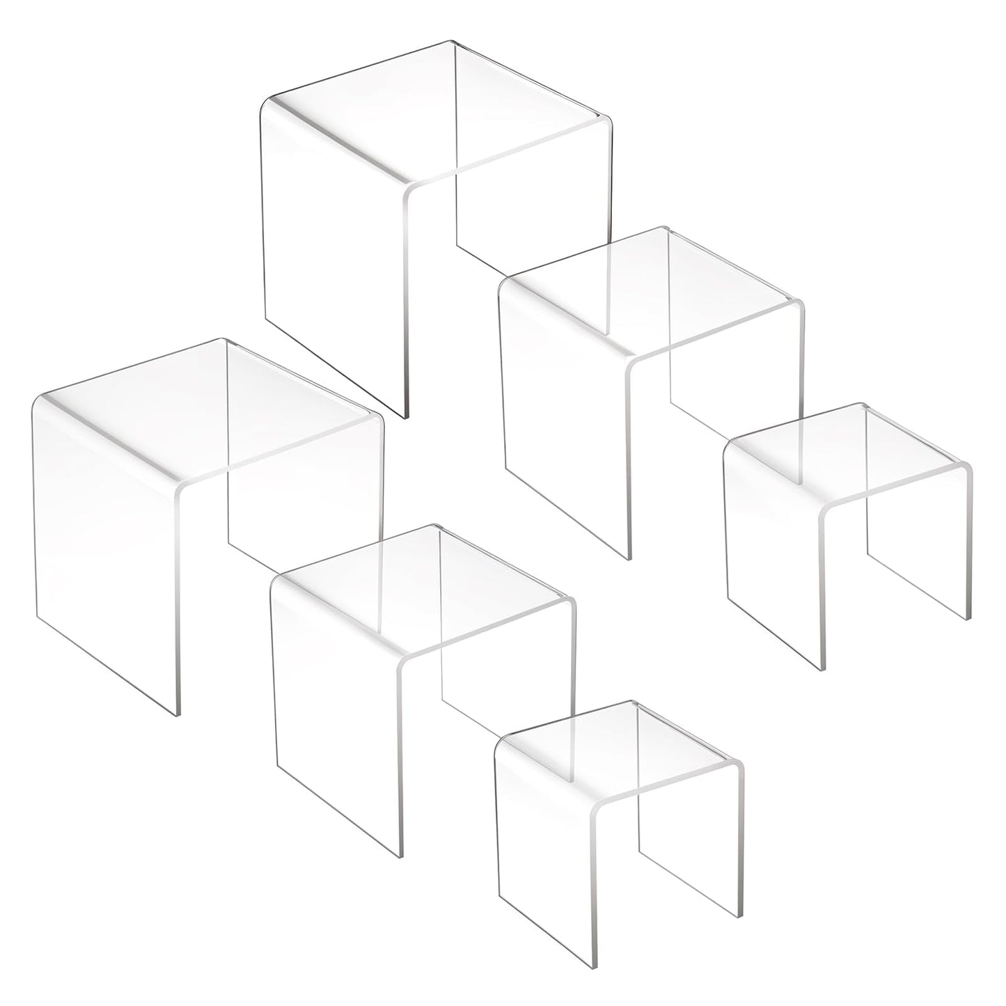 Yolev 6 Pcs Clear Acrylic Risers Display Stands 0.2" Thick 2 Sets Square 3-Tier Risers Stands Tall Acrylic Shelf Riser Display Holder for Figures, Decorations, Cupcakes, Dessert Table (3",4",5")