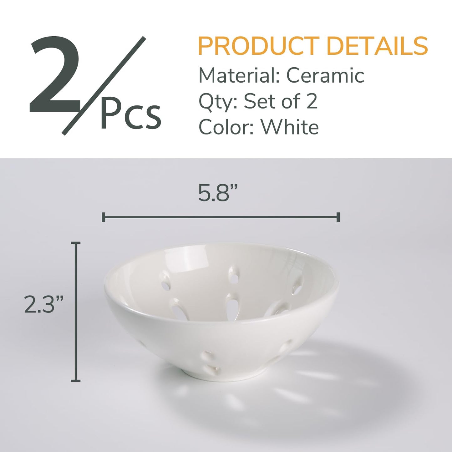 Magclay Ceramic Berry Basket, Round Fruit Bowl with Draining Hole, 5.8" Berry Colander for Kitchen Counter, Fruit Baskets Set of 2, White