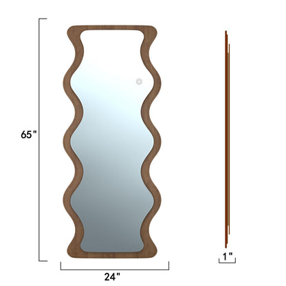 COOL2DAY 65" x 24" Led Wavy Full Length Mirror with Lights, Shatter-Proof Hanging/Leaning Irregular Wall Mirror, Wooden Led Floor Mirror for Dressing Bedroom Living Room