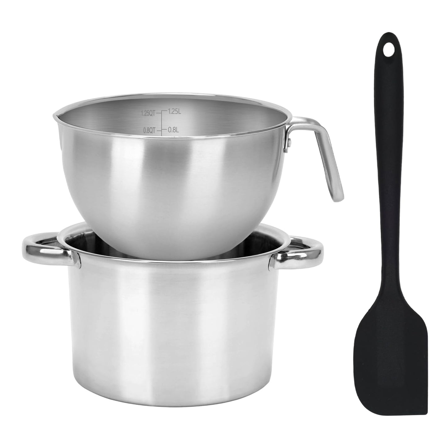 3PCS Double Boiler Pot Set, 1250ML/1.1QT Mixing Bowl with Scale 2200ML/ 2QT Stainless Steel Heating Pot with Silicone Spatula for Cheese Chocolate Candy Candle Soap Wax Melting (1250ml+2200ml)
