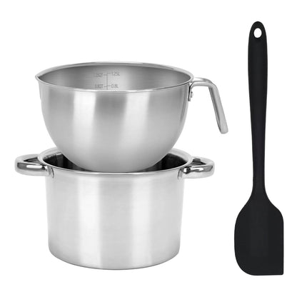 3PCS Double Boiler Pot Set, 1250ML/1.1QT Mixing Bowl with Scale 2200ML/ 2QT Stainless Steel Heating Pot with Silicone Spatula for Cheese Chocolate Candy Candle Soap Wax Melting (1250ml+2200ml)