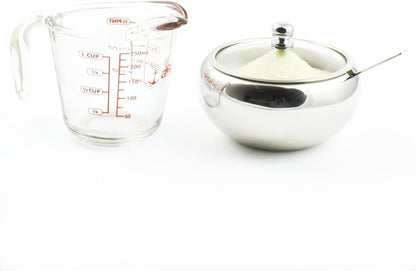 Zoie + Chloe Stainless Steel Sugar Bowl with Glass Lid, Bonus Spoon, 2 Cup Capacity (500ml)