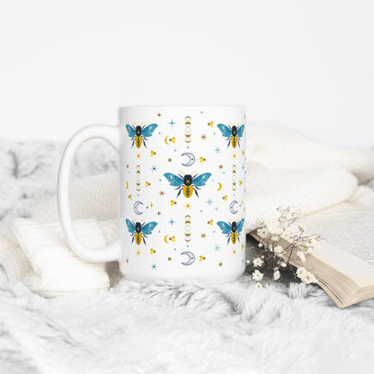 Celestial Bee Pattern Ceramic Coffee Mug, Honeycomb Moon Stars Tea Cup, Gift for Women Friend