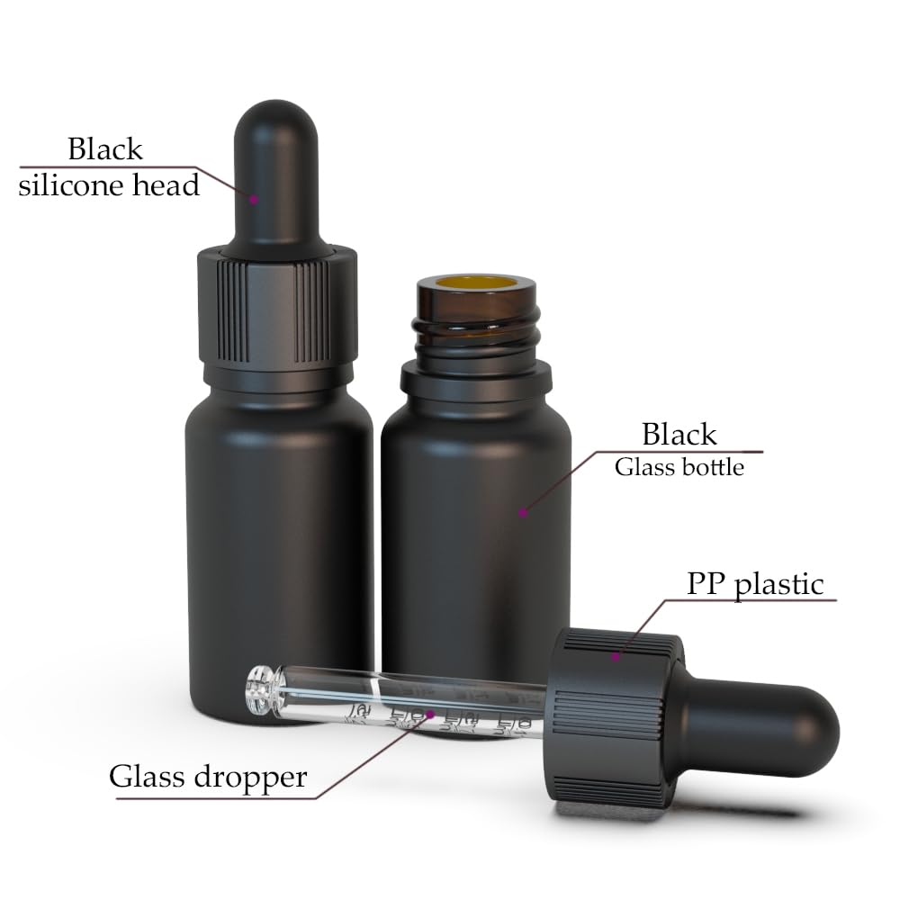seafulee 10ml Black Coated Glass Bottle with Glass Eye Dropper, 1/3 oz Capacity,UV Safe Bottles for Essential Oils and Aromatherapy Travel Bottle Container(Pack of 12)