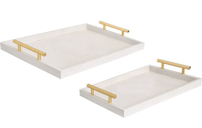 MACVAD Set of 2 Modern Elegant Large Wood Serving Tray, Rectangle Decorative Tray Ottoman Tay Coffee Table Tray, Pearl White Crocodile Leather with Gold Polished Metal Handles