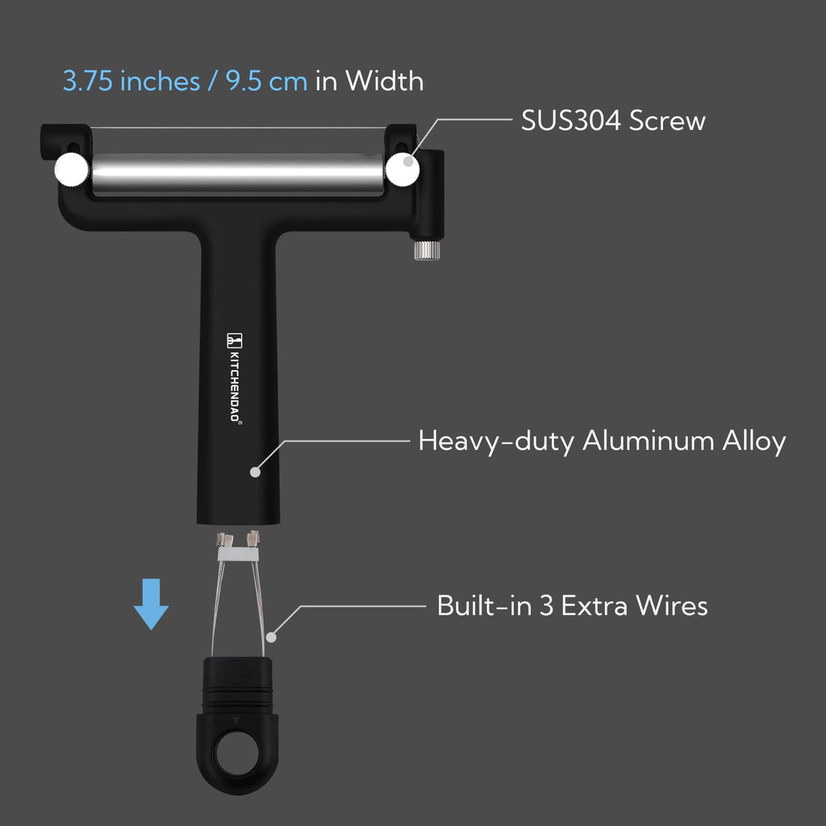 KITCHENDAO Adjustable Wire Cheese Slicer Cutter, 50% Stronger Wires with 2nd Gen Wire Fixing Mechanism, Adjustable Hand-Held Wire Cheese Cutter, Quick Replacement, Dishwasher Safe, with 3 Extra Wires