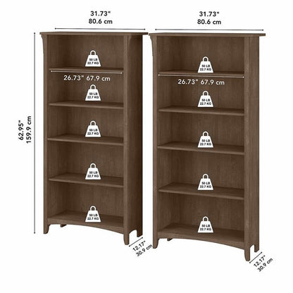 Bush Home Salinas Tall 5 Shelf Bookcase - Set of 2 in Ash Brown, Vertical Office Storage, Bookshelves for Home Workspace, Multi-Purpose Shelving Units