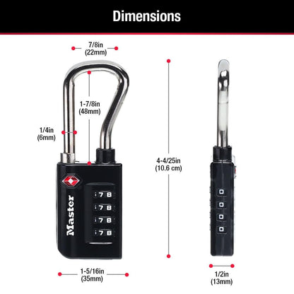 Master Lock Padlock, Set Your Own Combination TSA Accepted Luggage Lock, 1-5/16 in. Wide, Black, 4 pk, 4696EC4