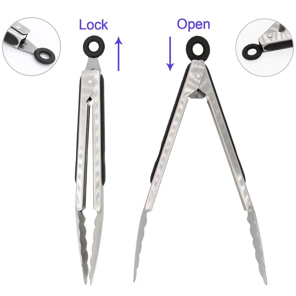 304 Stainless Steel Kitchen Cooking Tongs, 12" and 14" Set of 2 Sturdy Grilling Barbeque Brushed Locking Food Tongs with Ergonomic Grip, Black