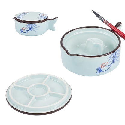 PH PandaHall Porcelain Ink Dish Plate Fish Shape Calligraphy Inkwell Lotus Bamboo Pattern Ceramic Ink Plate with Brush Holder Multifunctional Bowl for New Year Calligraphy Chinese Japanese Painting