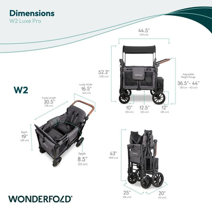 WonderFold W2 Luxe Pro Stroller Wagon - Collapsible Stroller Wagon with Aluminum Frame - Adjustable Canopy & Push Handle - XL All-Terrain Wheels - for Babies, Toddlers & Kids - 2 Seater - Gray