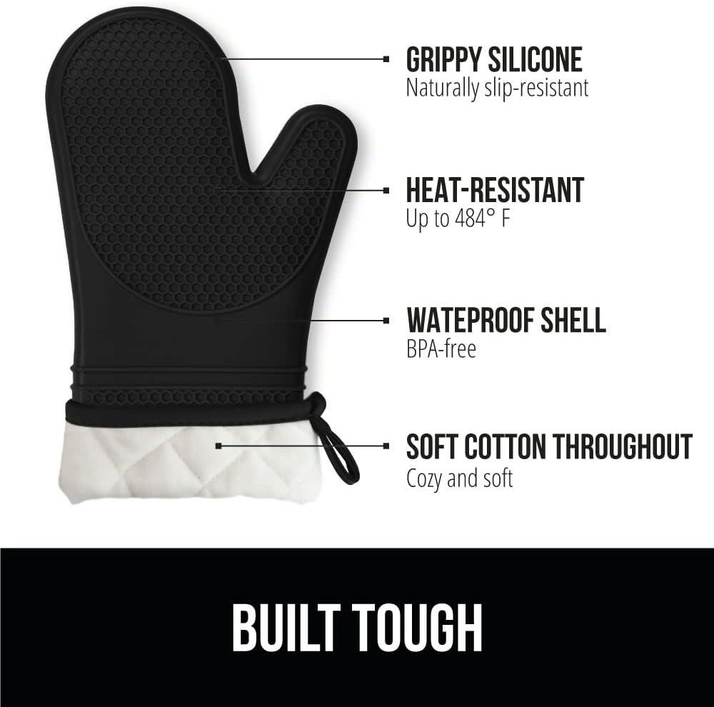 GORILLA GRIP BPA-Free Soft Silicone Oven Mitts, 14.5x8.3, Heat Resistant Cooking Gloves, Set of 2, Black