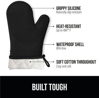 GORILLA GRIP BPA-Free Soft Silicone Oven Mitts, 14.5x8.3, Heat Resistant Cooking Gloves, Set of 2, Black