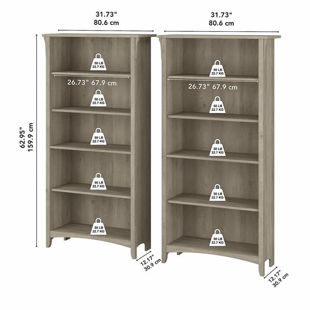 Bush Home Salinas Tall 5 Shelf Bookcase - Set of 2 in Driftwood Gray, Vertical Office Storage, Bookshelves for Home Workspace, Multi-Purpose Shelving Units