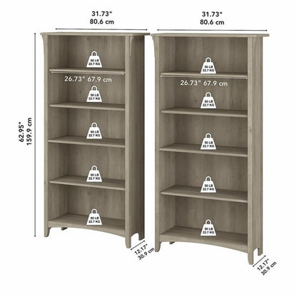 Bush Home Salinas Tall 5 Shelf Bookcase - Set of 2 in Driftwood Gray, Vertical Office Storage, Bookshelves for Home Workspace, Multi-Purpose Shelving Units
