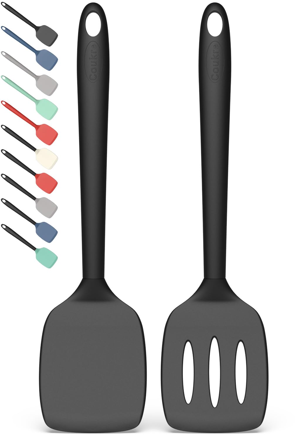 Coukre 2 Pack Silicone Spatula Set, High Heat Resistant, BPA Free Kitchen Spatula, Solid & Slotted Turner for Non-Stick Pans, Sautéing, and Flipping (2, PureBlack)