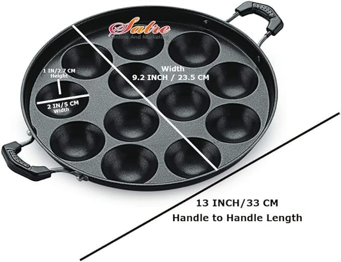 Non Stick Aluminium Appam Pan, 12 Pits with Steel Lid, Two Side Handle Appam Maker, Black and Silver Paniyaram Pan