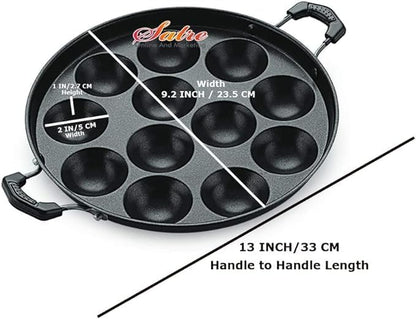 Non Stick Aluminium Appam Pan, 12 Pits with Steel Lid, Two Side Handle Appam Maker, Black and Silver Paniyaram Pan