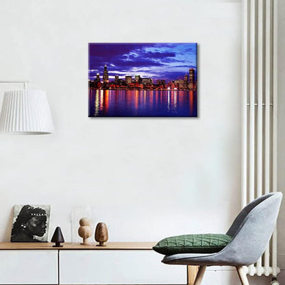 Chicago Cityscape at Night Wall Art Painting on Canvas, Modern Urban Building Panorama for Living Room