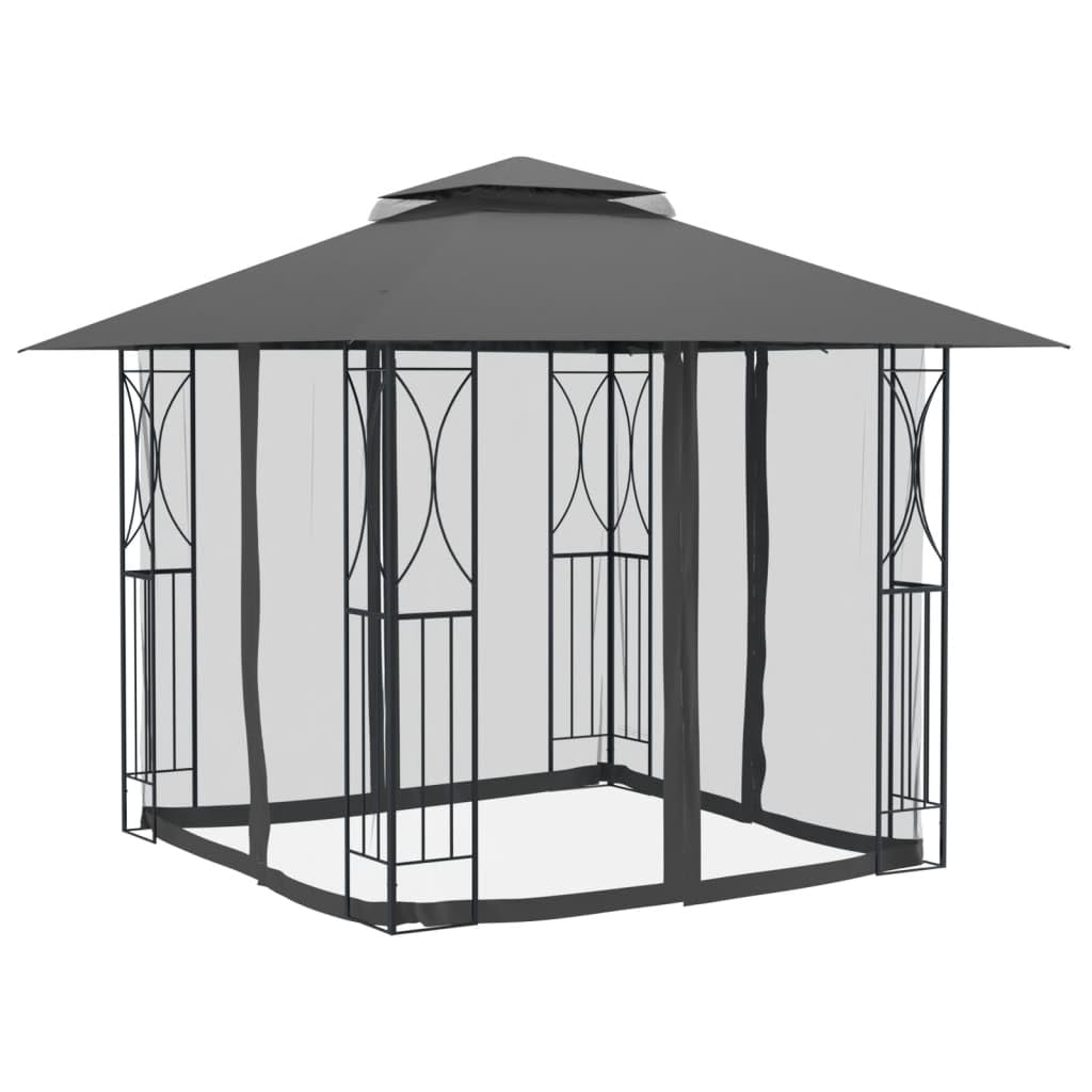 Anthracite Steel Gazebo with Sidewalls, 118.1"x118.1" Outdoor Canopy Tent, Double-Tiered Roof, Patio for Garden Parties Outdoor Structures