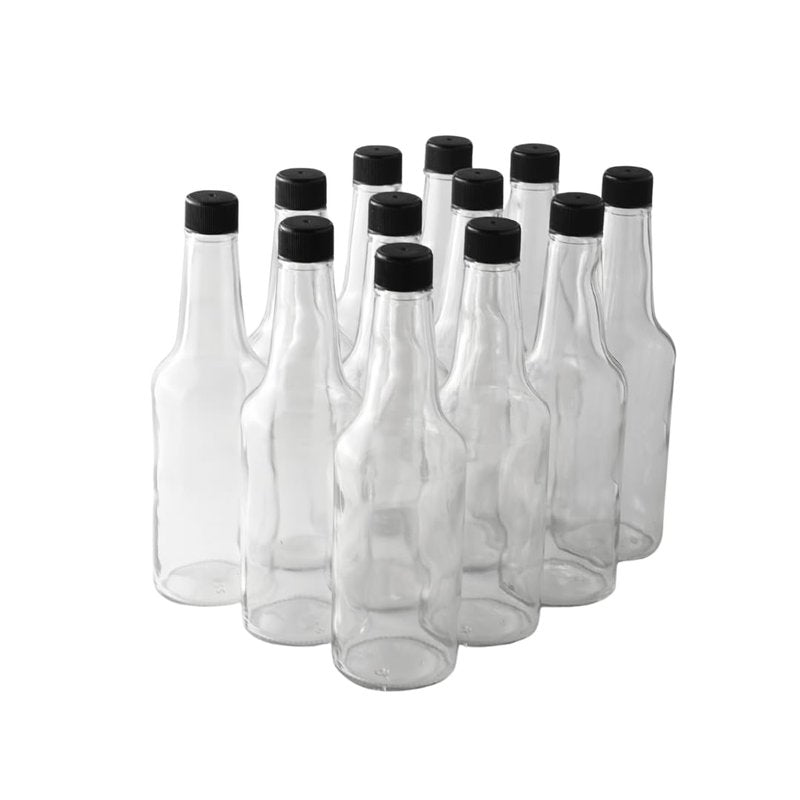 FastRack Woozy Bottle 10 oz (Pack of 12) | Small Hot Sauce Bottles for Canning | Empty Clear Glass Sauce Bottle with Black Plastic Caps | Leakproof Cap - No Dripper Included
