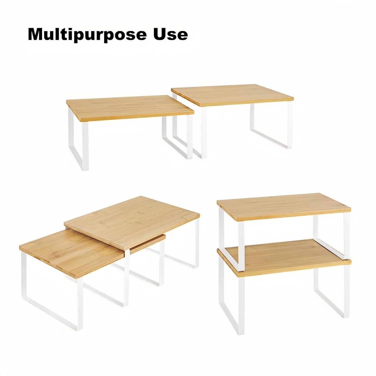 NEX Bamboo Kitchen Cabinet and Counter Shelf Organizer, Stackable & Expandable, Set of 4, White and Natural