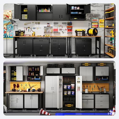 3-Pack Garage Tool Cabinet,Heavy Duty Steel Garage Storage System with Lockable Doors & Adjustable Shelves,Wall Mount Tool Cabinet Set for Workshop Organization,Black