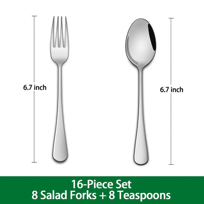 Salad Forks And Teaspoon,6.7 Inches Stainless Steel Dessert Spoons And Forks,Set Of 16 Dishwasher Safe Silverware Fork And Spoon For Home,Restaurant