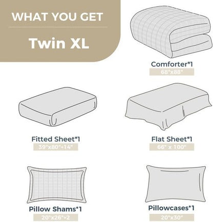 HYMOKEGE Twin XL Comforter Set - Luxury 5-Piece Seersucker Bedding Set for All Seasons | Includes Comforter, Sheets, Pillowcase & Sham