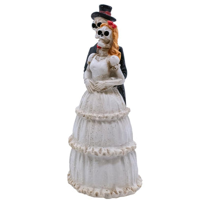VILLAGE GIFT IMPORTERS Skeleton Bride and Groom | Halloween Wedding Couple | Groom in Top Hat and Suit | Bride in Bridal Gown with Red Hair | Home Décor for Halloween and Day of the Dead