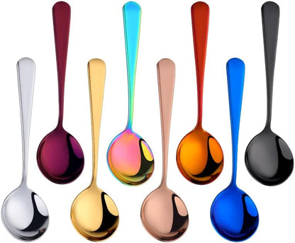 Broth Round Spoon Set, 8-Piece Reusable Stainless Steel Dinner Table Spoons for Cereal, Soup, Camping, Ramen