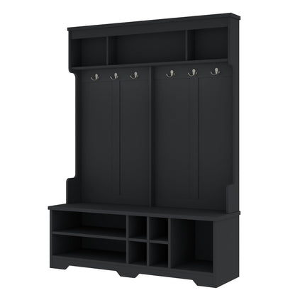Ball & Cast 59.1" Hall Tree with Bench and Shoe Storage,3-in-1 Entryway Cabinet with Metal Hooks,Modern Coat Rack with Shoe Cubbies for Mudroom,Living Room,Hallway,Black