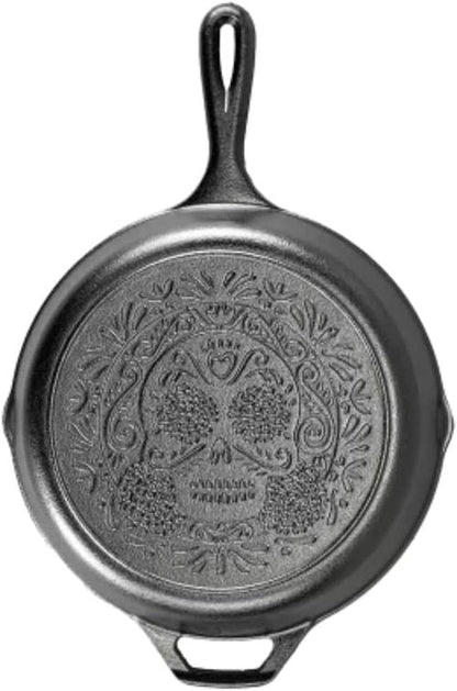 Lodge 10.25 Inch Pre-Seasoned Cast Iron Skillet - Versatile Sugar Skull Design - Ideal for Oven, Stove, Grill, or Campfire