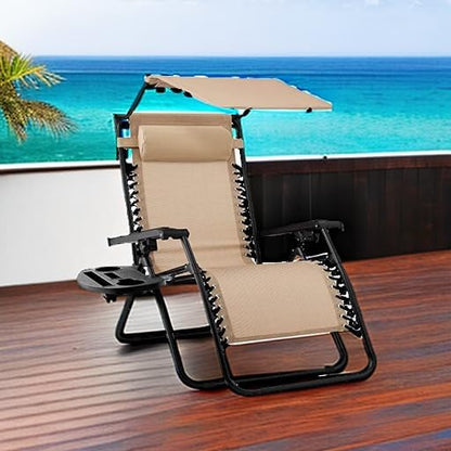 Best Choice Products Folding Zero Gravity Recliner Chair - Adjustable Canopy, Headrest & Side Tray - Beige
