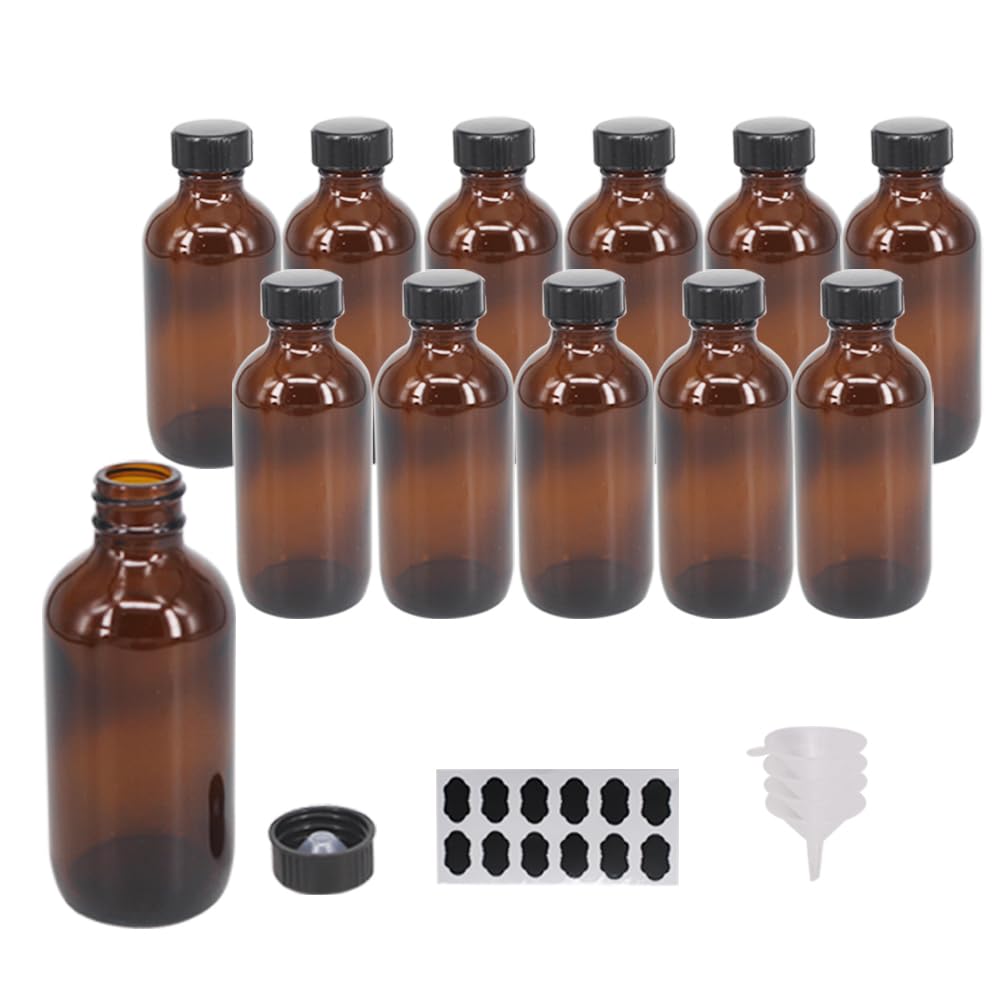 BPFY 12 Pack 4 oz Amber Boston Glass Bottle with Black Cap, Funnel, Labels for Homemade Vanilla Extract, Essential Oils, Wedding