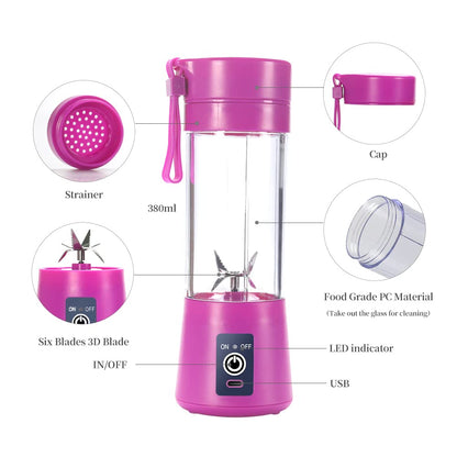 Portable Blender Cup,Electric USB Juicer Blender,Portable Juicer For Shakes and Smoothies, juice,380ml, Six Blades Great for Mixing,light purple
