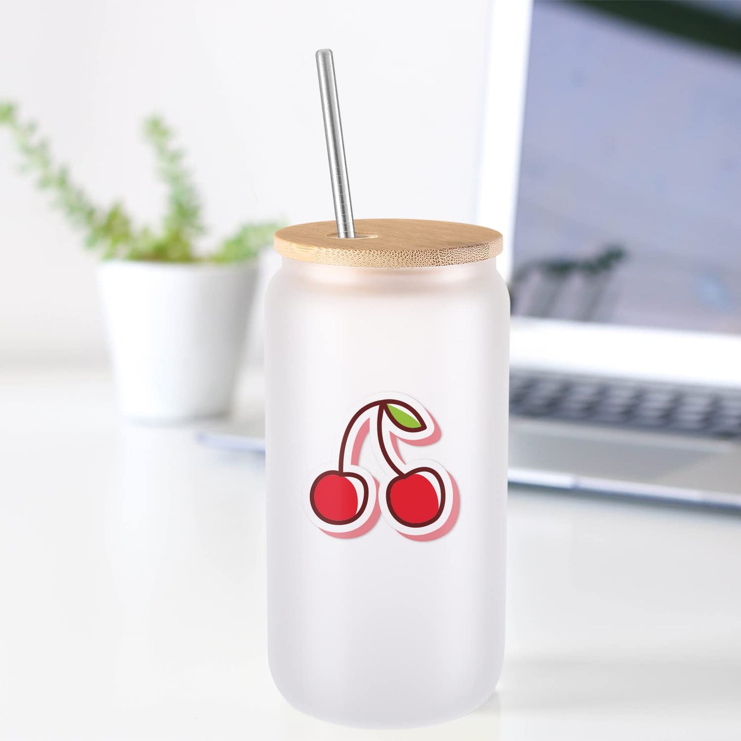 JMScape Sublimation Glass Blanks with Bamboo Lid 4pc Set, 16oz Frosted Glass Cups with Lids and Straws, Beer Can Glass Tumblers, Iced Coffee Soda Drinks Beer Cups