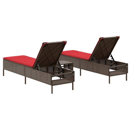 Yisssmeng 3-Piece Patio Sun Lounger Set with Red Cushions, Brown Poly Rattan Outdoor Chaise Lounge Chairs for Garden, Poolside and Terrace, Adjustable Backrest, 2 Pack, Steel Frame
