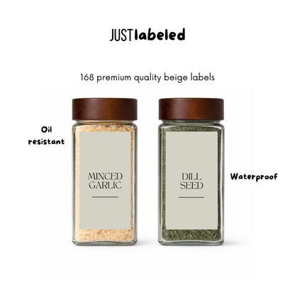 Spice Labels - 168 Aesthetic Beige Spice Labels for Jars - Waterproof Stickers for Spice containers - Preprinted Minmalist Oilproof Herbs & Seasoning Labels
