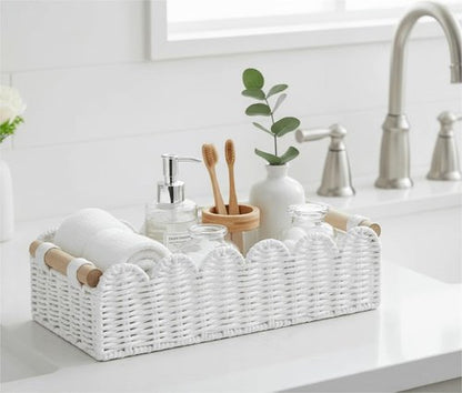 CubesLand Scalloped Edge Toilet Paper Storage Basket - Cozy Home Decor | White with 2 Wooden Handles