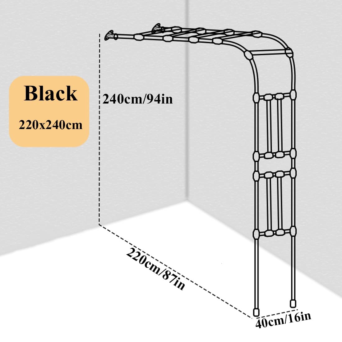 Galvanised Metal Garden Arch Trellis for Climbing Plants Heavy Duty Half Side Rose Wedding Arch Support Weatherproof Archway (Black 220x240cm/7.2x7.9ft)
