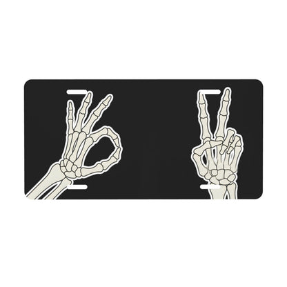 Skeleton Hand Ok and Peace Sign Front License Plate for Women Car Vanity Plates Decorative Aluminum Metal Cute Novelty License Plate Cover for Men 6x12 Inch (4 Holes)