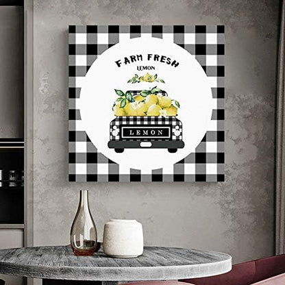 Canvas Wall Art - Black Grey Buffalo Plaid Farm Truck Carry Lemons, Rustic Farmhouse Style Decor, 16'' x 16'' Framed
