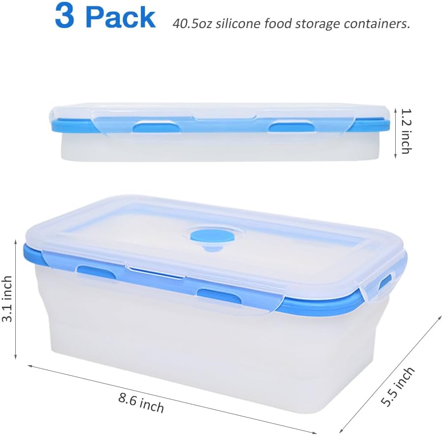 Alimat PluS 40.5oz Silicone Food Storage Containers, 3 Pack Set of 1200ml Extra Large Collapsible Containers with Lids