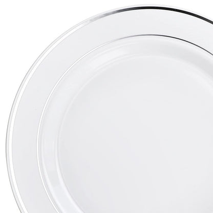 OCCASIONS 120 Plates Pack, Heavyweight Disposable Wedding Party Plastic Plates (7.5'' Appetizer/Dessert Plate, White & Silver Rim)