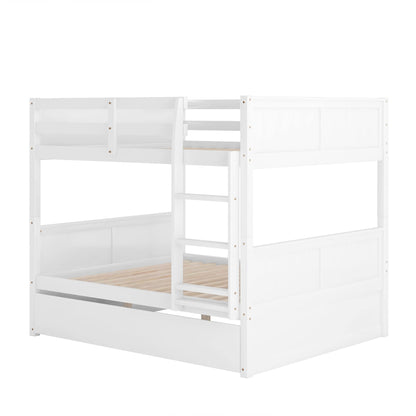 Full Over Full Bunk Bed with Trundle, Wooden Trundle Bed Frame with Ladder Safety Guardrail, Convertible to 2 Platform Beds for Kids Teens, White