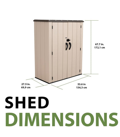 Lifetime Vertical Storage Shed, Desert Sand, Resin Outdoor Tool Shed with Lockable Doors and Weather-Resistant Panels